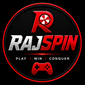 RAJSPIN Game APK modern gaming app interface with red and black design