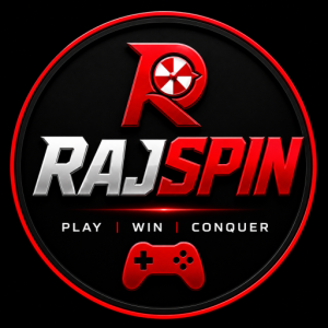 RAJSPIN Game APK modern gaming app interface with red and black design